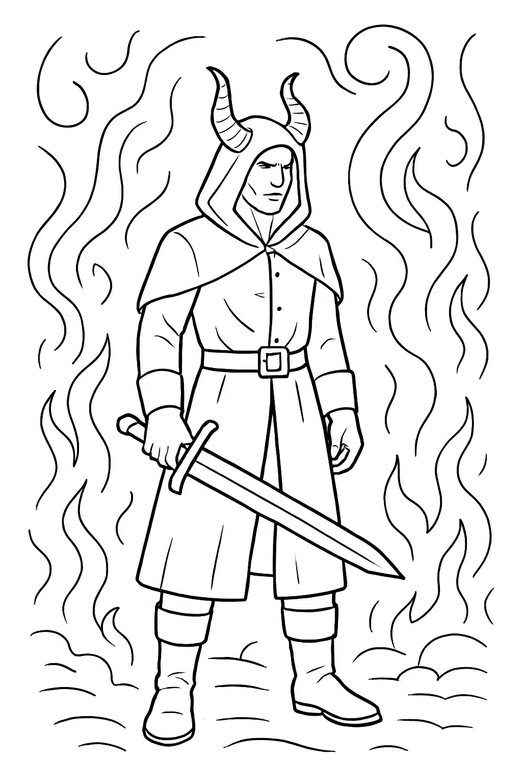 coloriage demon hunter en atmosphère mystique, page de coloriage en noir et blanc à contours épais.