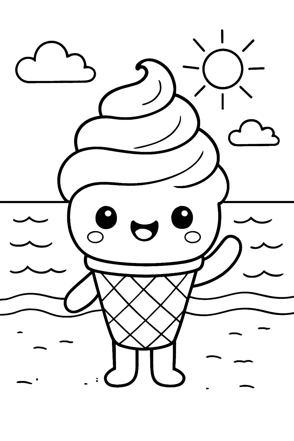coloriage glace kawaii au bord de la plage, page de coloriage en noir et blanc à contours épais.