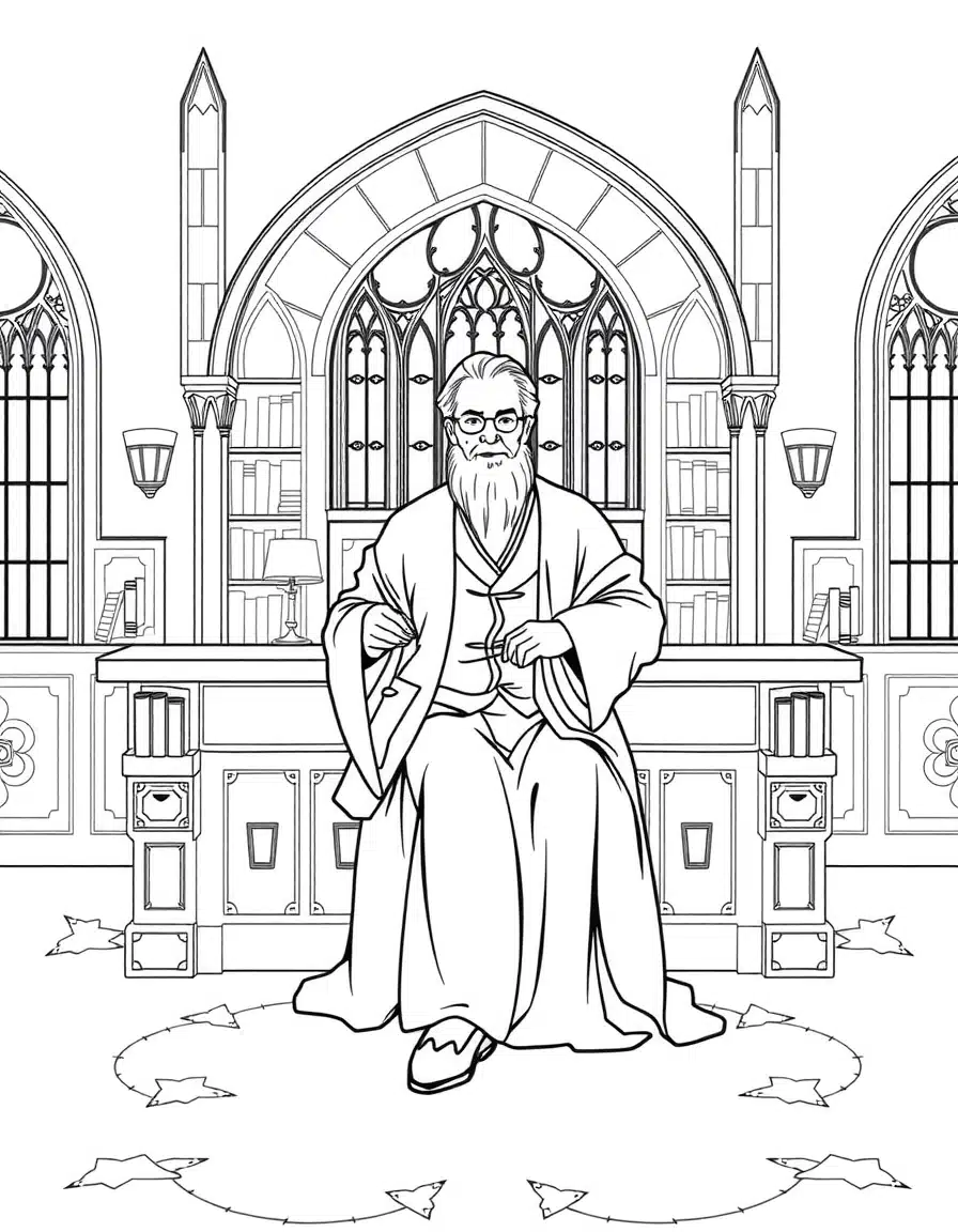 coloriage harry potter Dumbledore dans son bureau, page de coloriage en noir et blanc à contours épais.