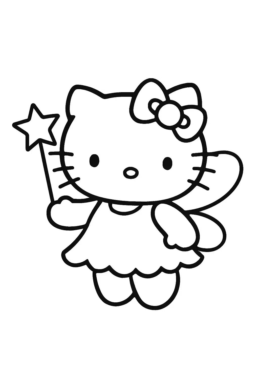 coloriage hello kitty utilisant sa baguette magique, page de coloriage en noir et blanc à contours épais.