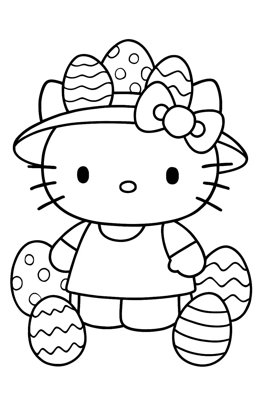 coloriage hello kitty avec chapeau de Pâques, page de coloriage en noir et blanc à contours épais.