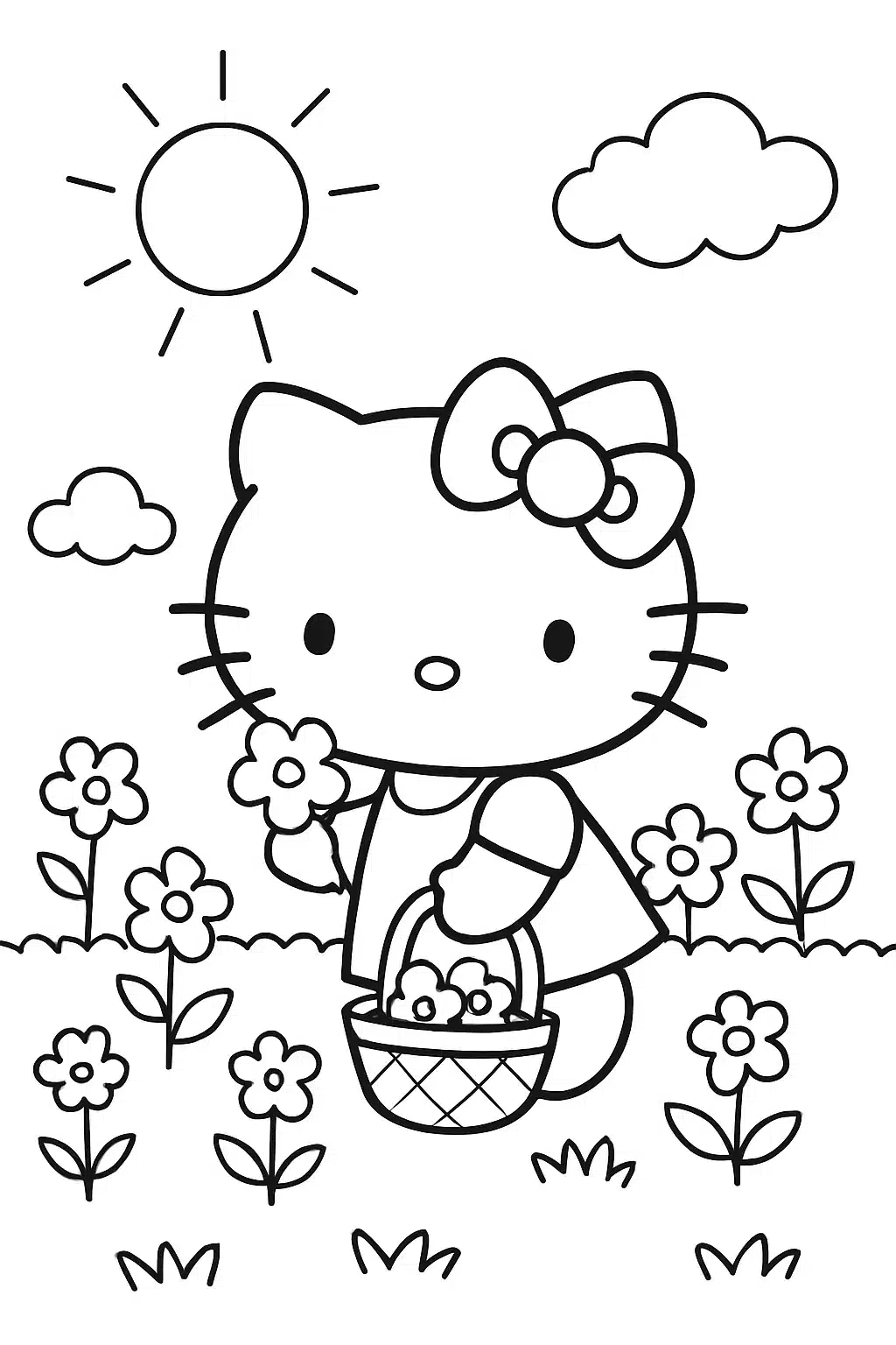 coloriage hello kitty cueillant des fleurs, page de coloriage en noir et blanc à contours épais.