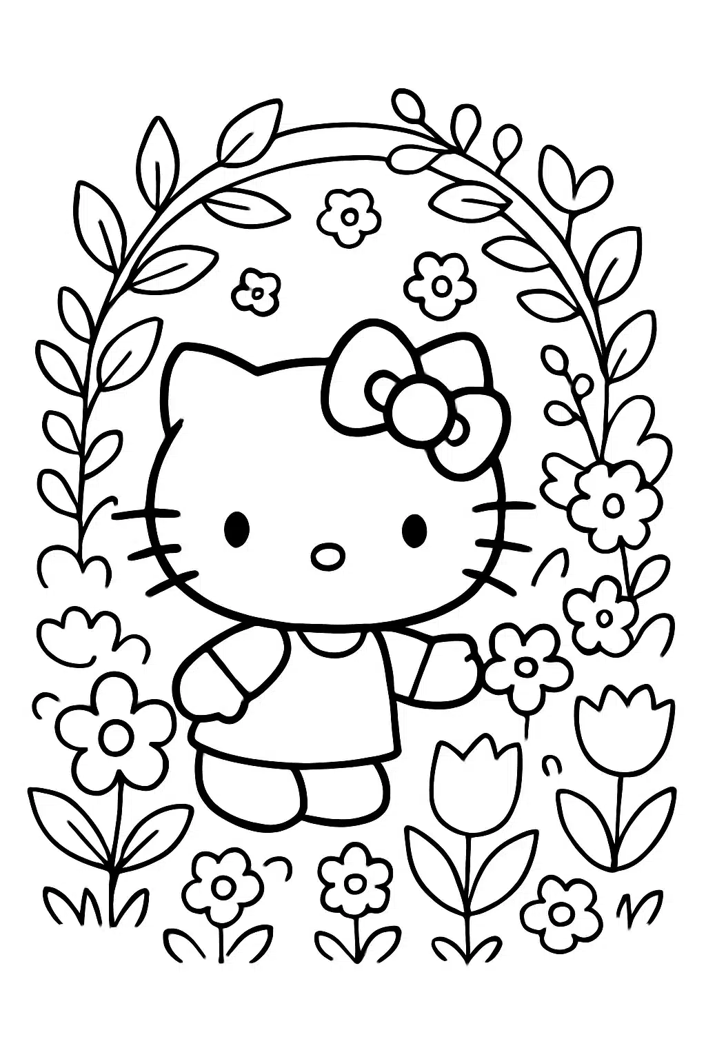 coloriage hello kitty découvrant un jardin secret, page de coloriage en noir et blanc à contours épais.