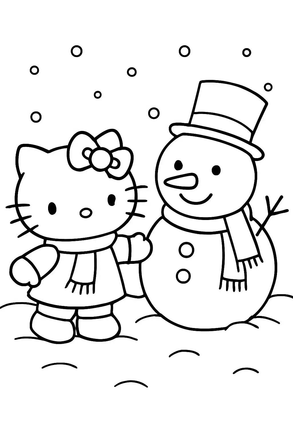 coloriage de hello kitty jouant dans la neige, page de coloriage en noir et blanc à contours épais.