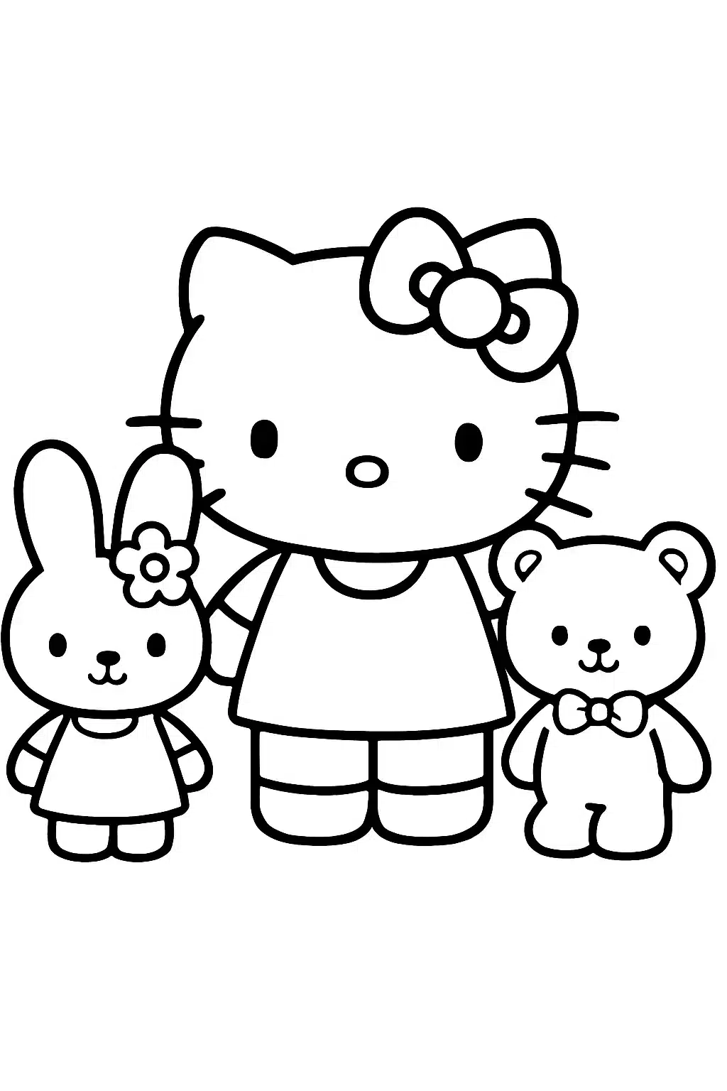 coloriage hello kitty joue avec Cathy la lapine et Tiny Chum, page de coloriage en noir et blanc à contours épais.