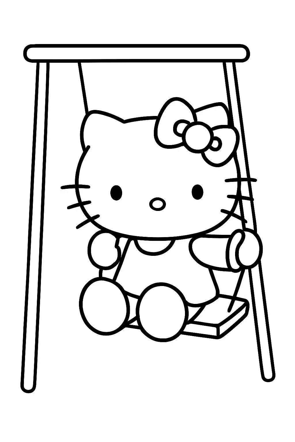 coloriage hello kitty jouant sur une balançoire, page de coloriage en noir et blanc à contours épais.