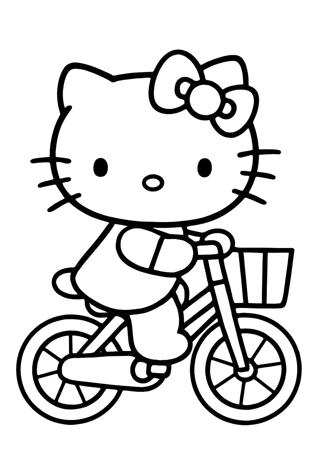 coloriage hello kitty roulant joyeusement sur son vélo, page de coloriage en noir et blanc à contours épais.
