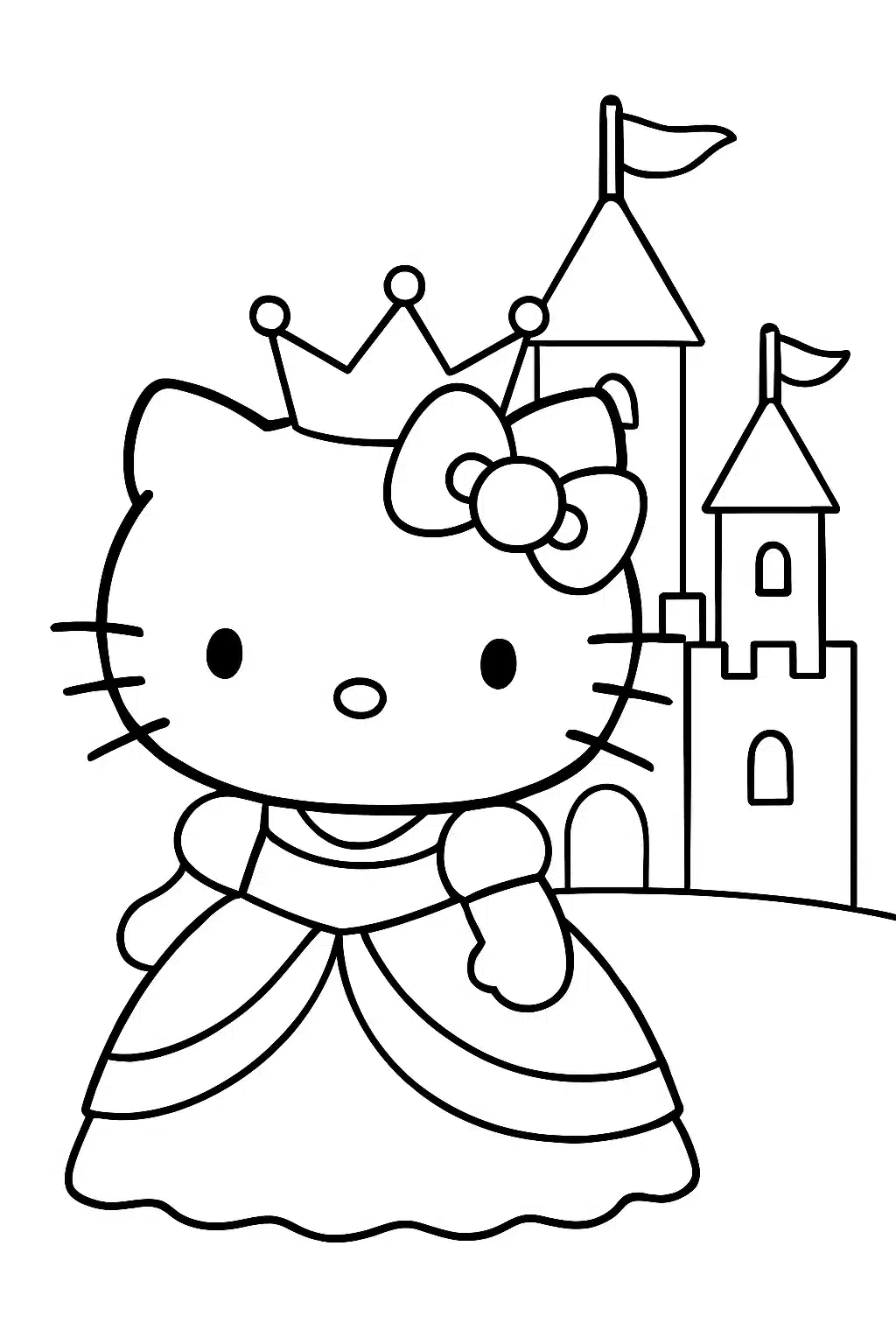 coloriage hello kitty en princesse devant un château, page de coloriage en noir et blanc à contours épais.