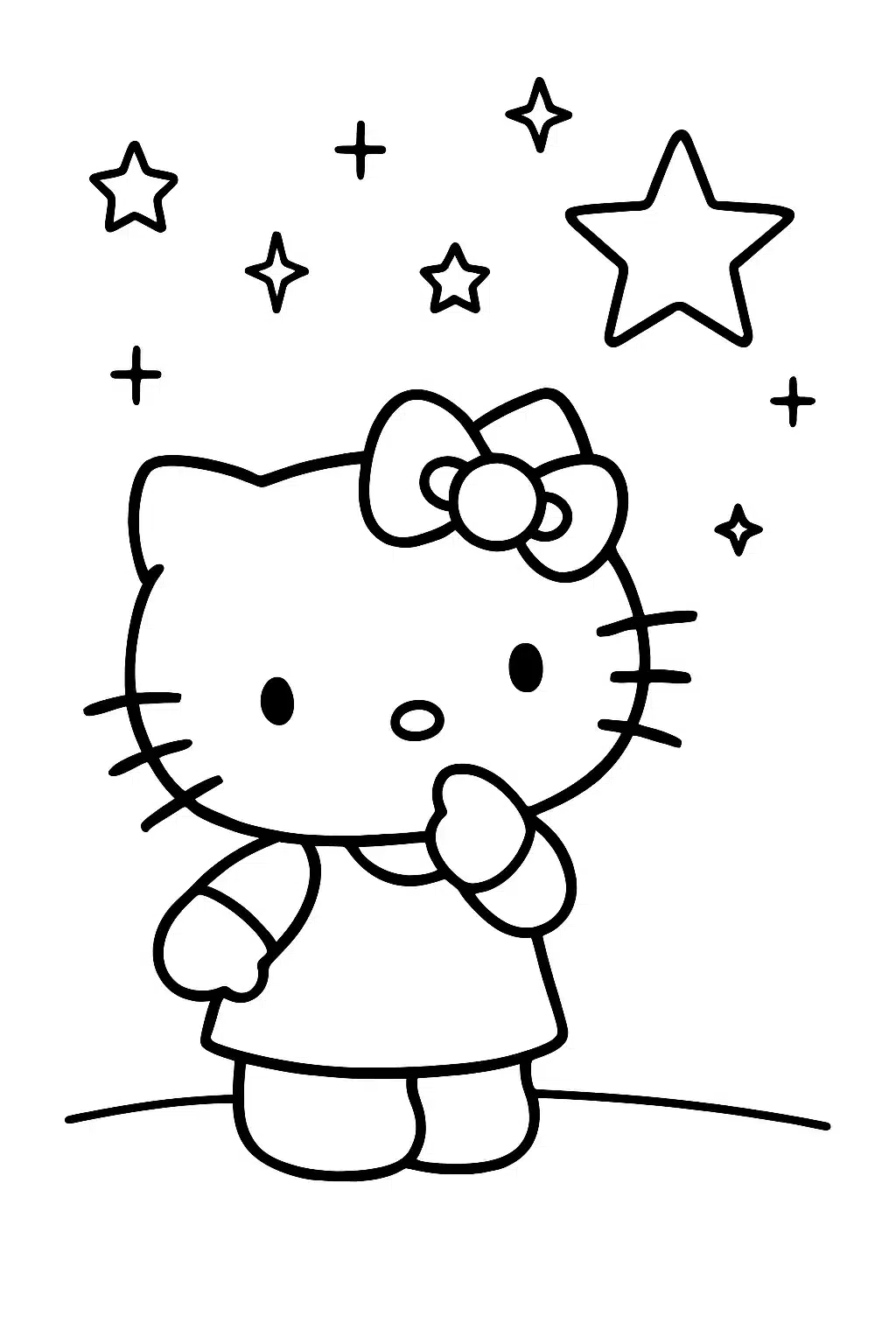 coloriage hello kitty regardant les étoiles, page de coloriage en noir et blanc à contours épais.
