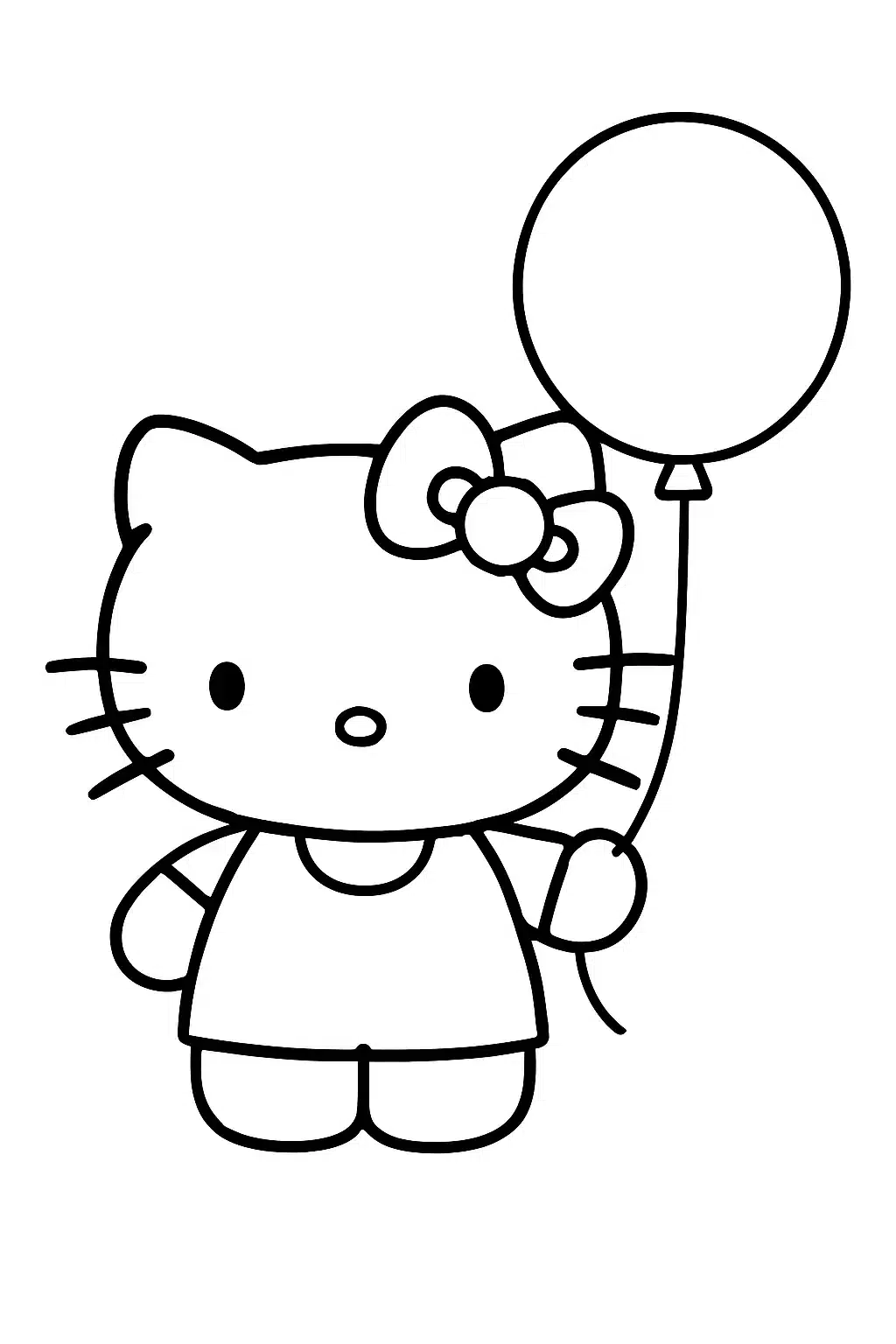 coloriage hello kitty tenant un ballon, page de coloriage en noir et blanc à contours épais.
