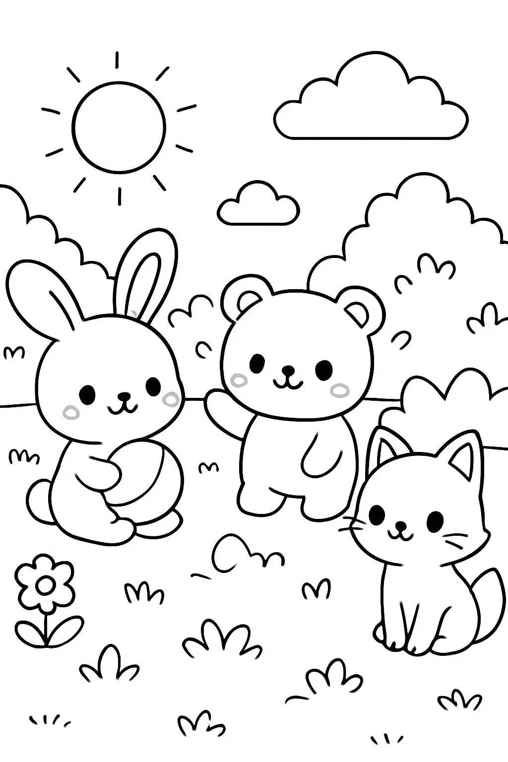 coloriage kawaii animaux jouant ensemble, page de coloriage en noir et blanc à contours épais.