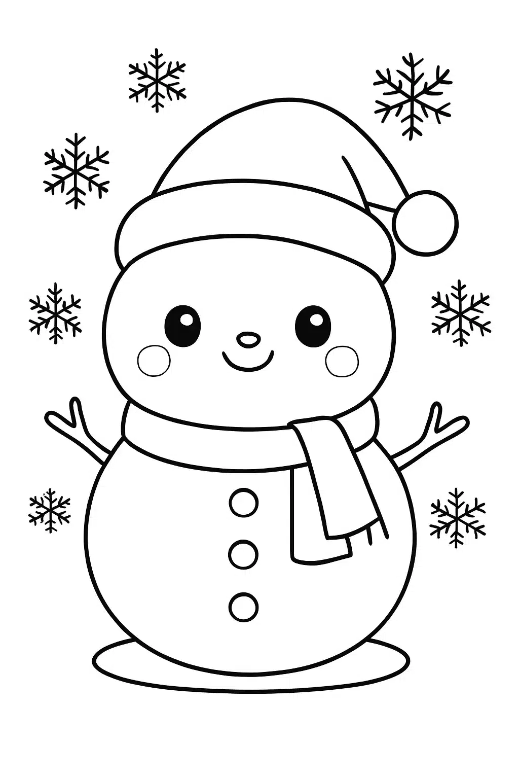 coloriage kawaii bonhomme de neige mignon, page de coloriage en noir et blanc à contours épais.