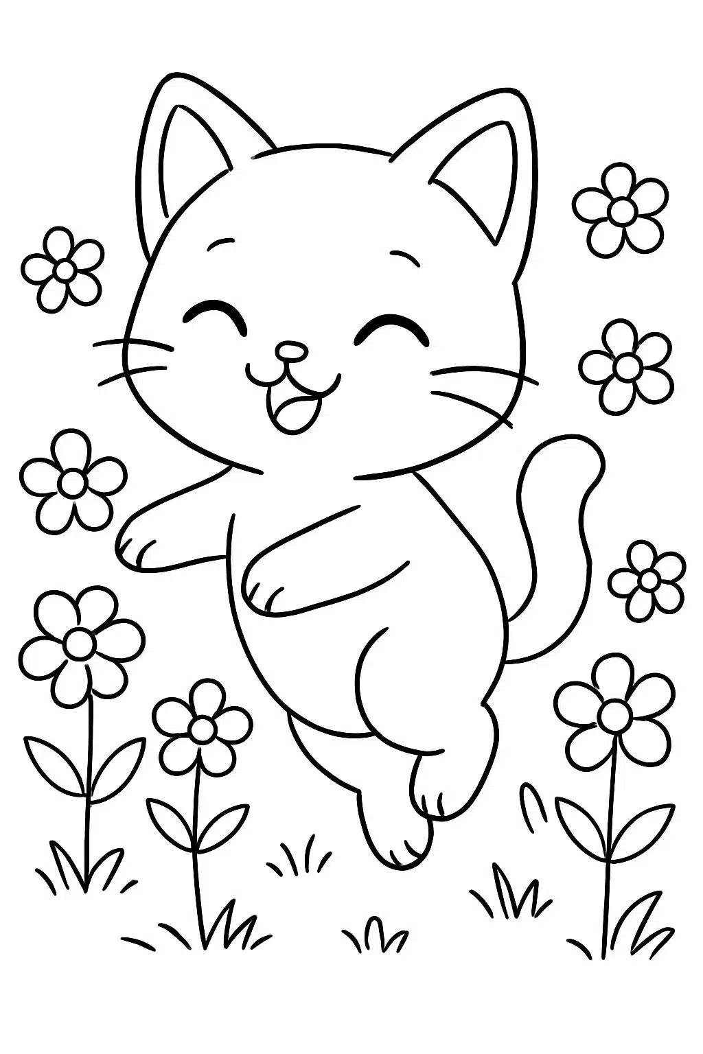 coloriage kawaii chaton jouant joyeusement, page de coloriage en noir et blanc à contours épais.