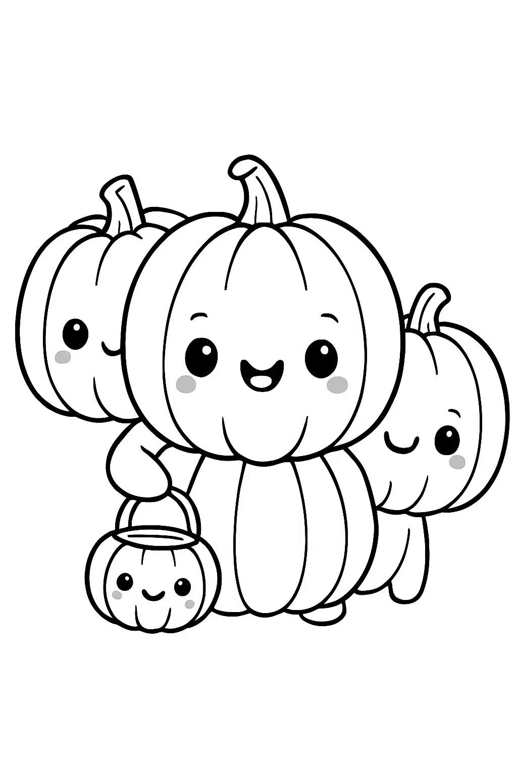 coloriage de kawaii avec des citrouilles souriantes, page de coloriage en noir et blanc à contours épais.