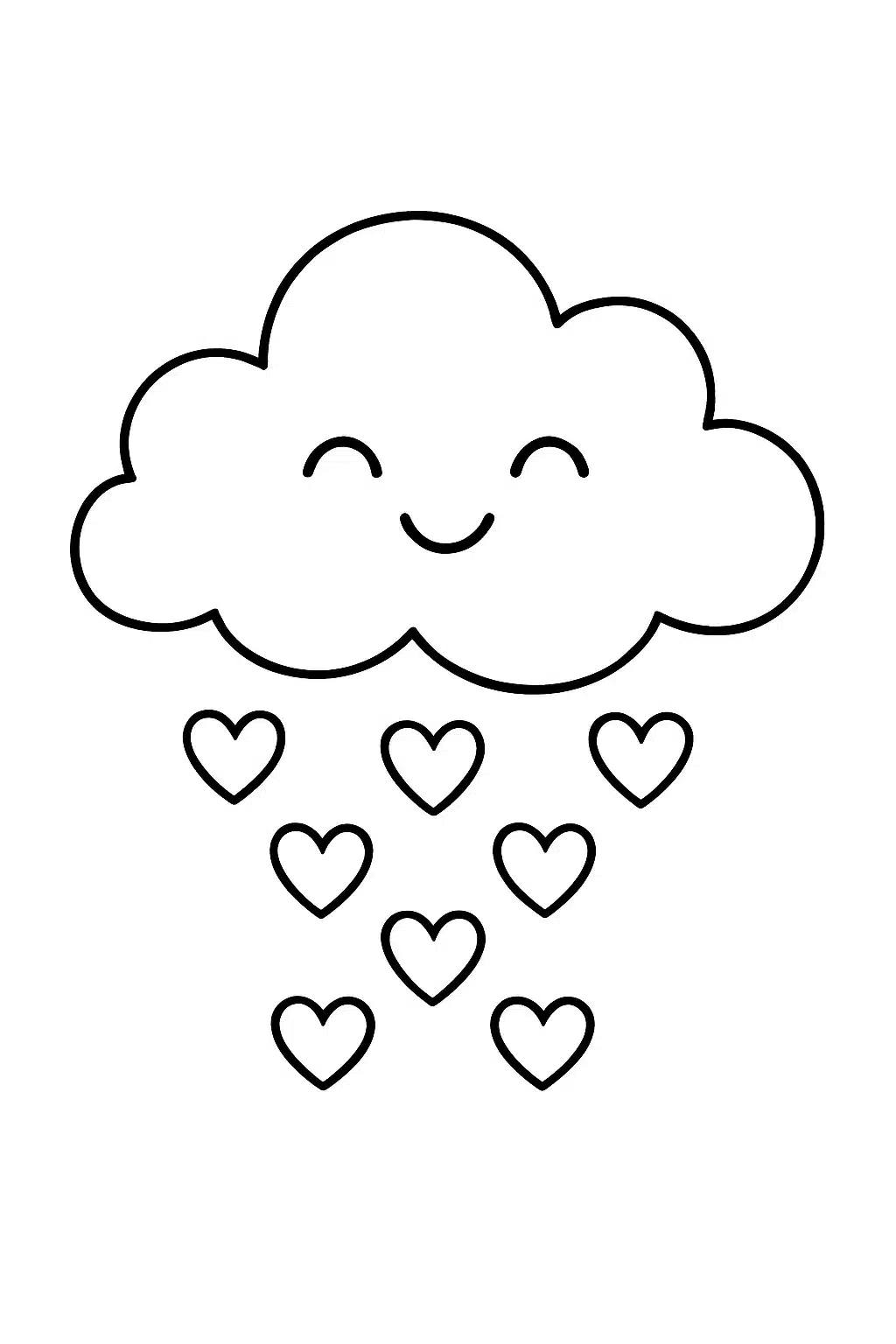 coloriage kawaii nuage souriant avec des gouttes de cœur, page de coloriage en noir et blanc à contours épais.