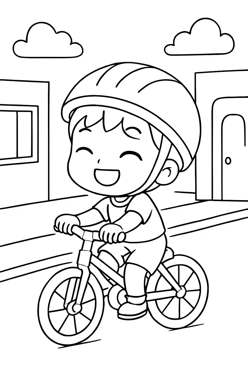 coloriage kawaii petit chibi pédale joyeusement, page de coloriage en noir et blanc à contours épais.