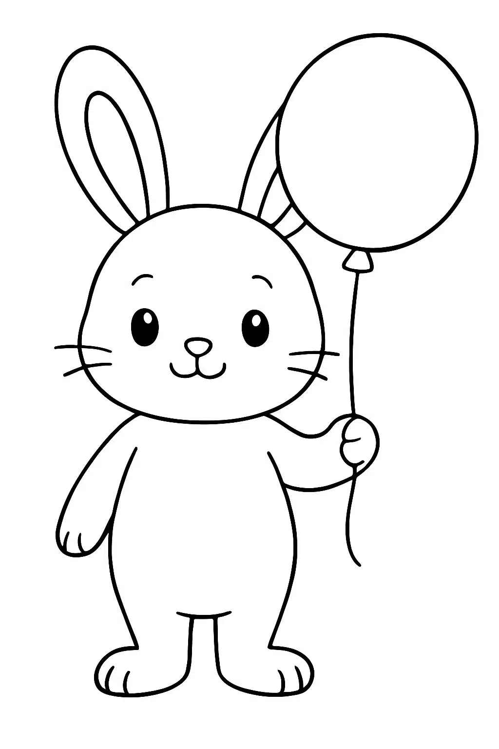 coloriage kawaii d'un lapin adorable tenant un ballon, page de coloriage en noir et blanc à contours épais.