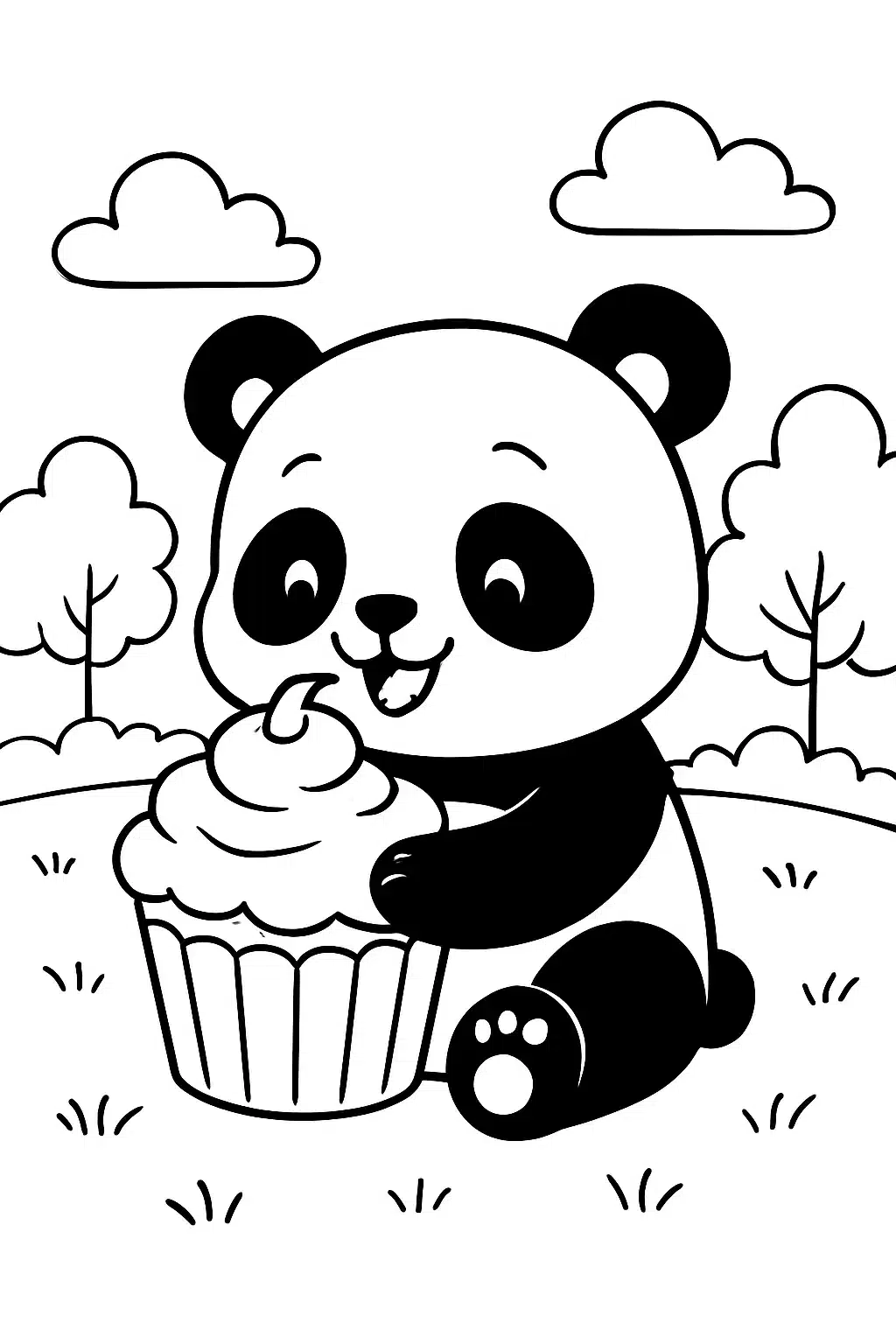 coloriage kawaii un panda mange un gros cupcake, page de coloriage en noir et blanc à contours épais.
