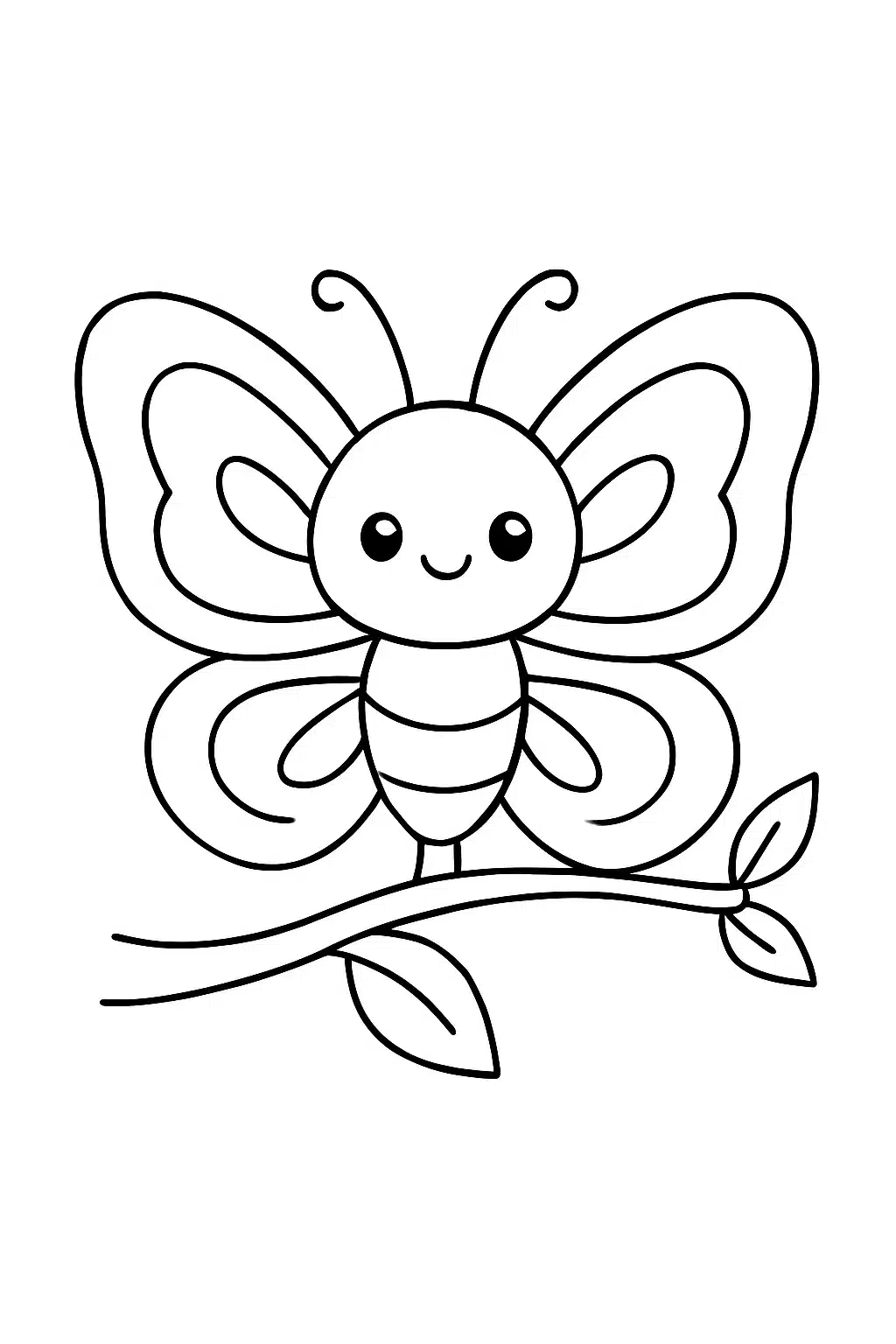 coloriage de kawaii avec un papillon se posant sur une branche, page de coloriage en noir et blanc à contours épais.