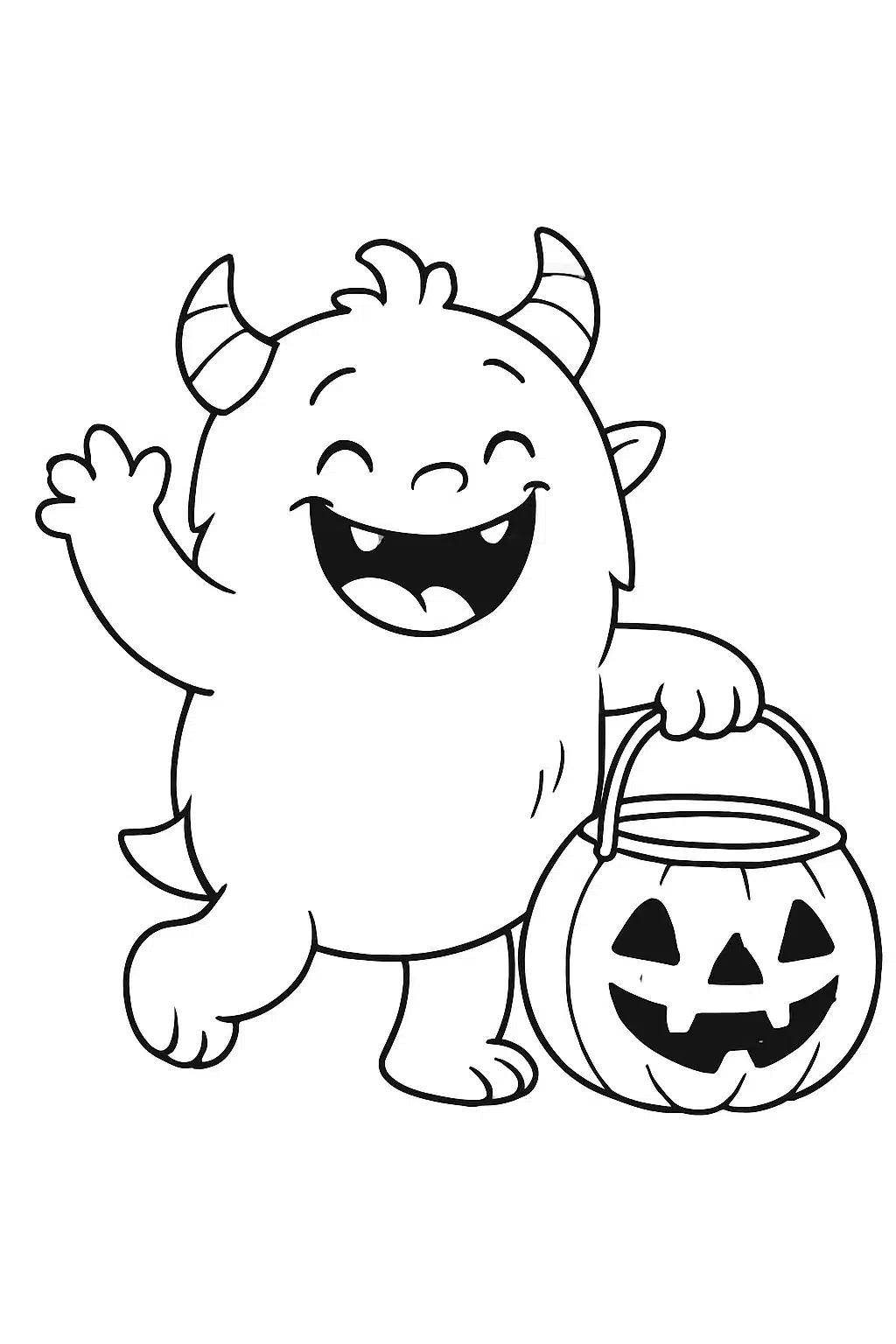 coloriage monstre joyeux jouant près d'une citrouille, page de coloriage en noir et blanc à contours épais.