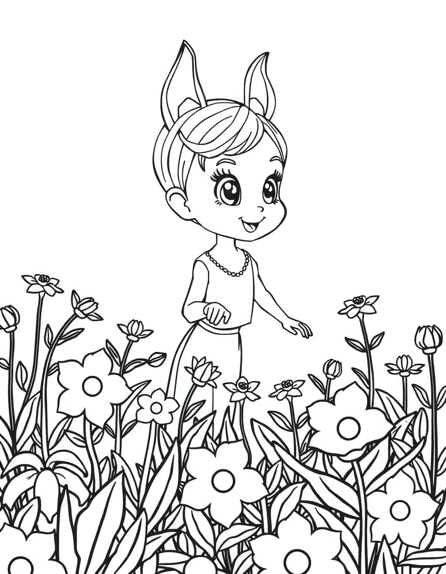 coloriage pokemon Évoli curieux dans un jardin, page de coloriage en noir et blanc à contours épais.