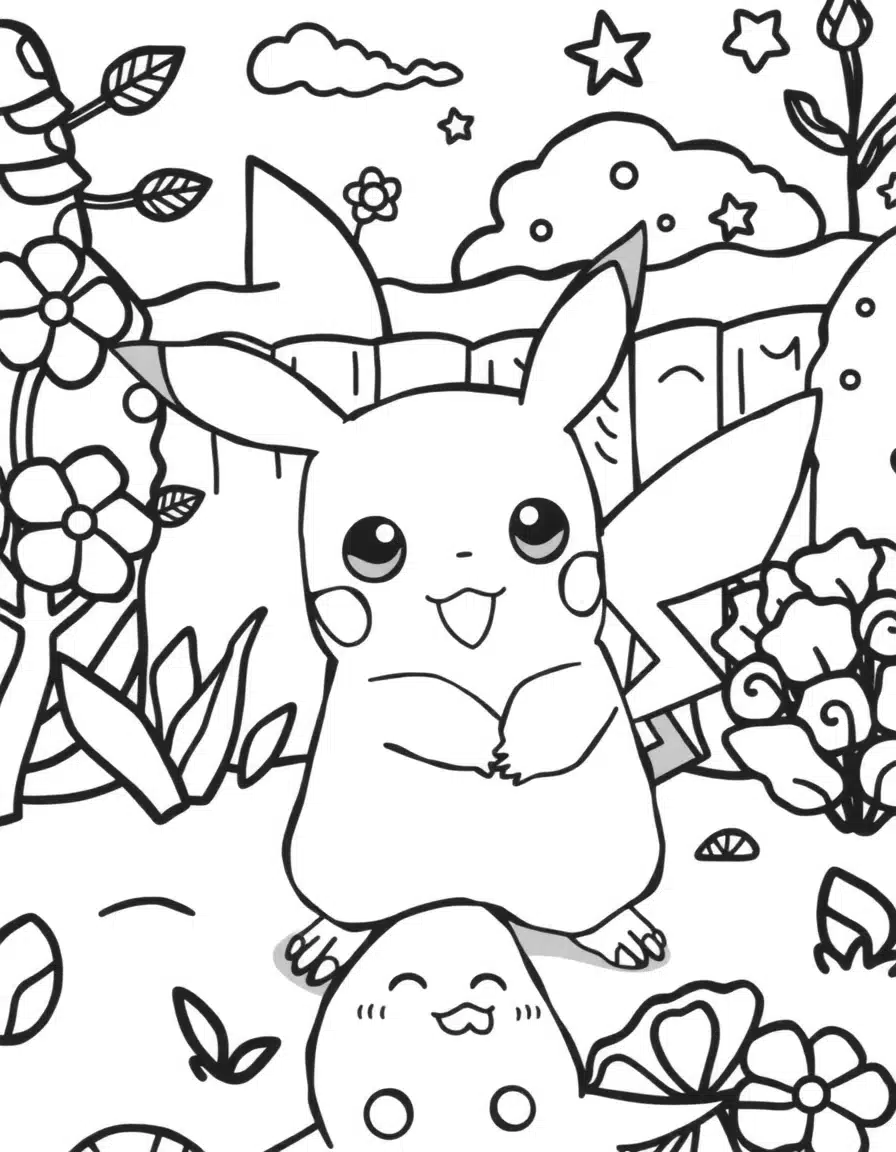 coloriage pokemon Pikachu s'amusant, page de coloriage en noir et blanc à contours épais.