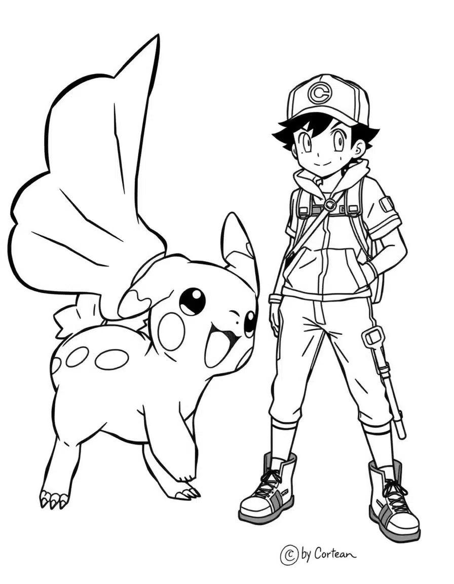 coloriage pokemon, dresseur capture un Pokémon, page de coloriage en noir et blanc à contours épais.