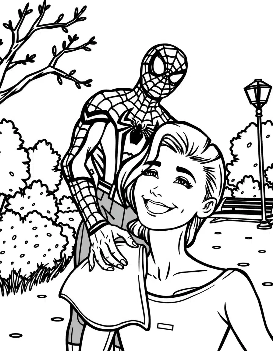 coloriage spiderman avec Mary Jane souriante dans le parc, page de coloriage en noir et blanc à contours épais.