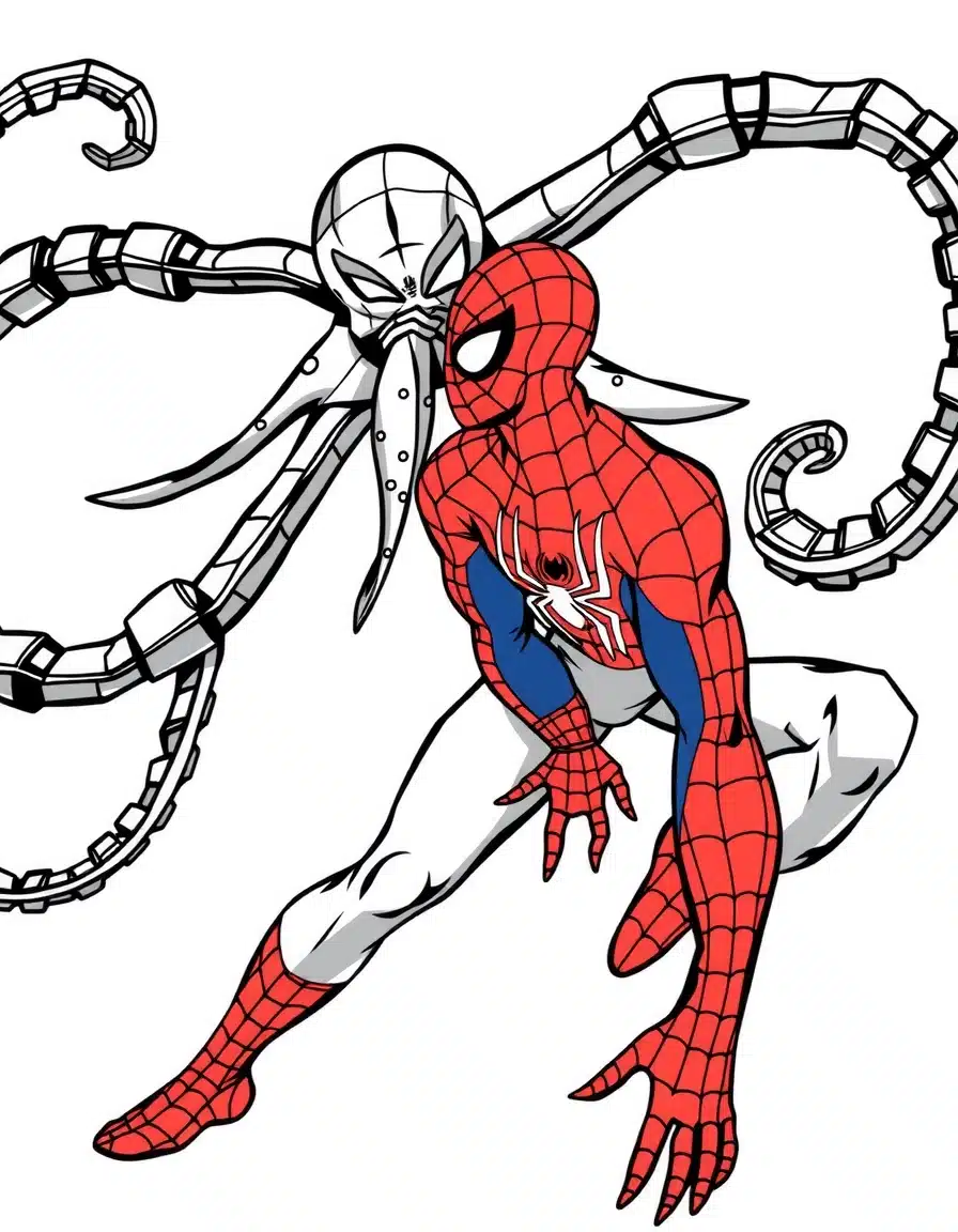 coloriage spiderman affrontant Doctor Octopus, page de coloriage en noir et blanc à contours épais.