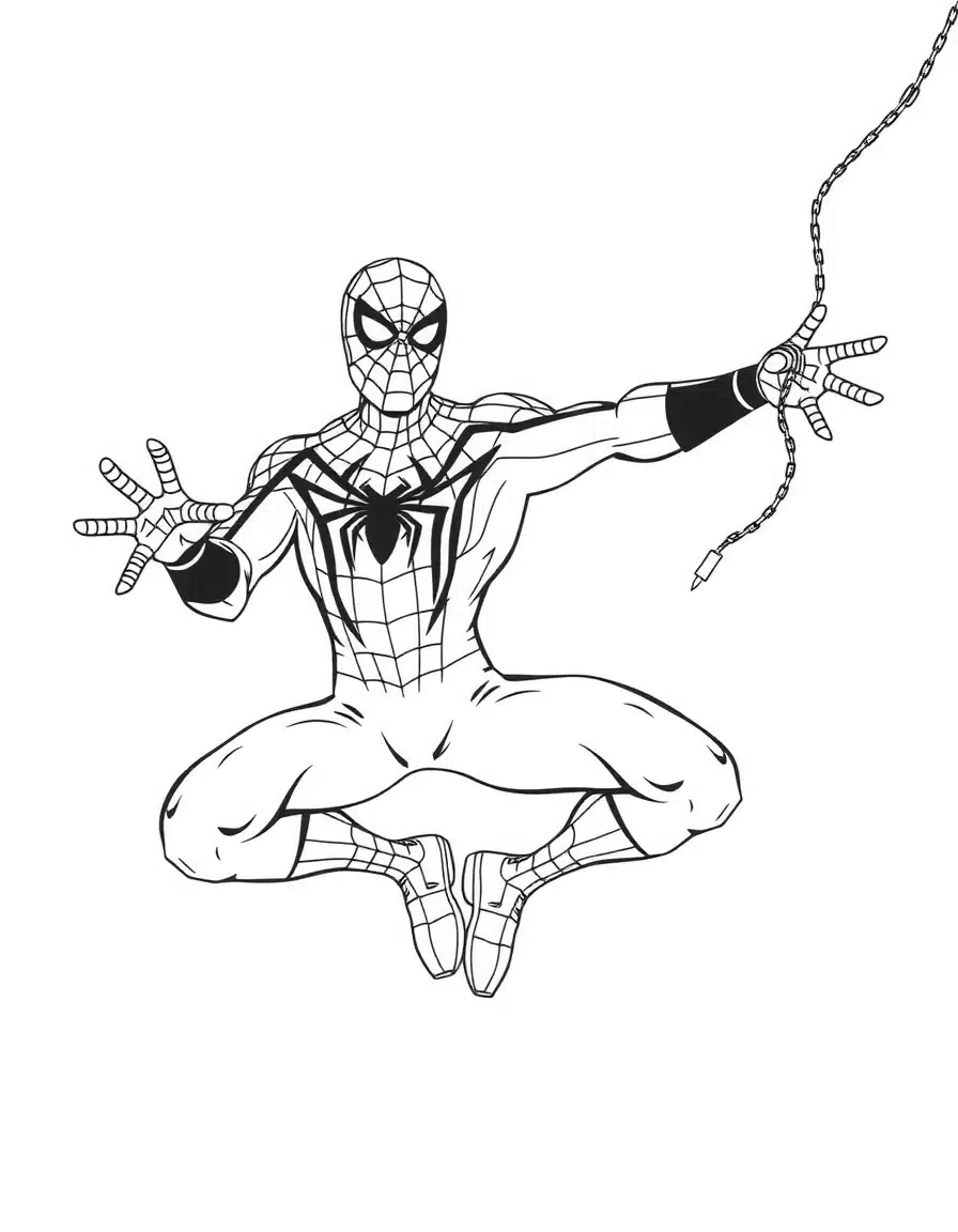 coloriage spiderman en combat contre le Bouffon Vert, page de coloriage en noir et blanc à contours épais.