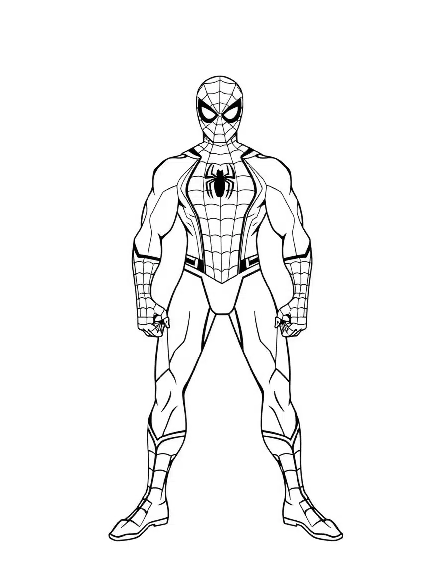 coloriage spiderman dans un costume alternatif, page de coloriage en noir et blanc à contours épais.