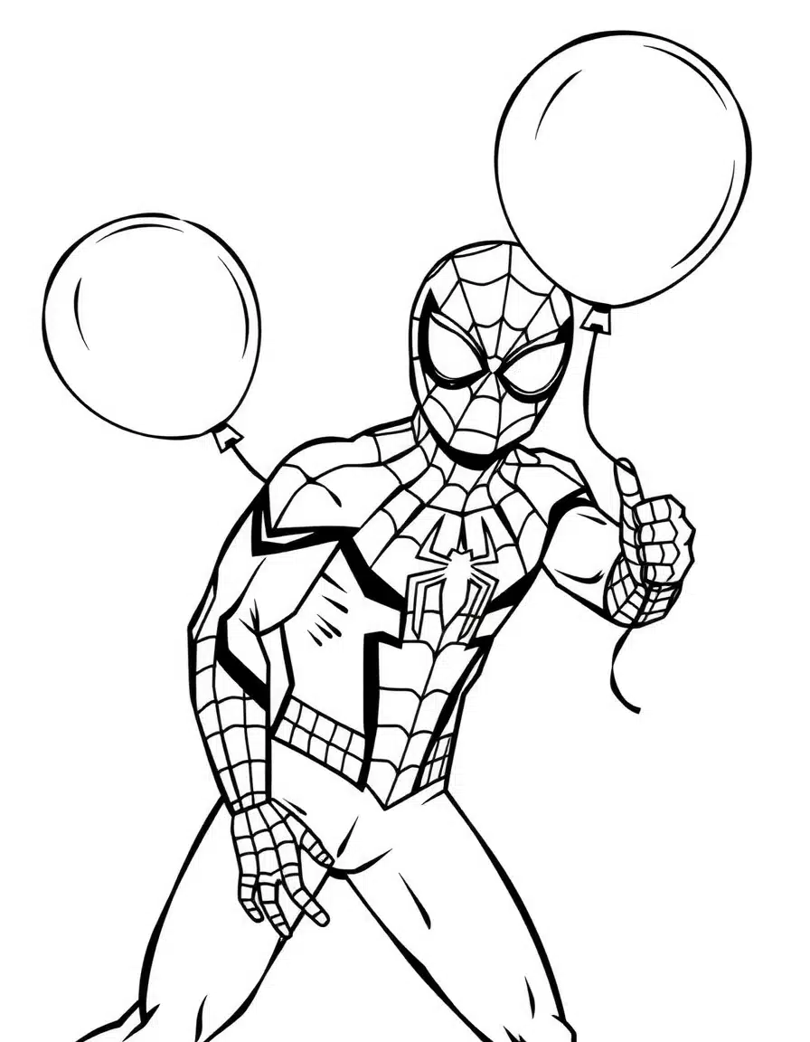 coloriage spiderman souriant avec un ballon, page de coloriage en noir et blanc à contours épais.