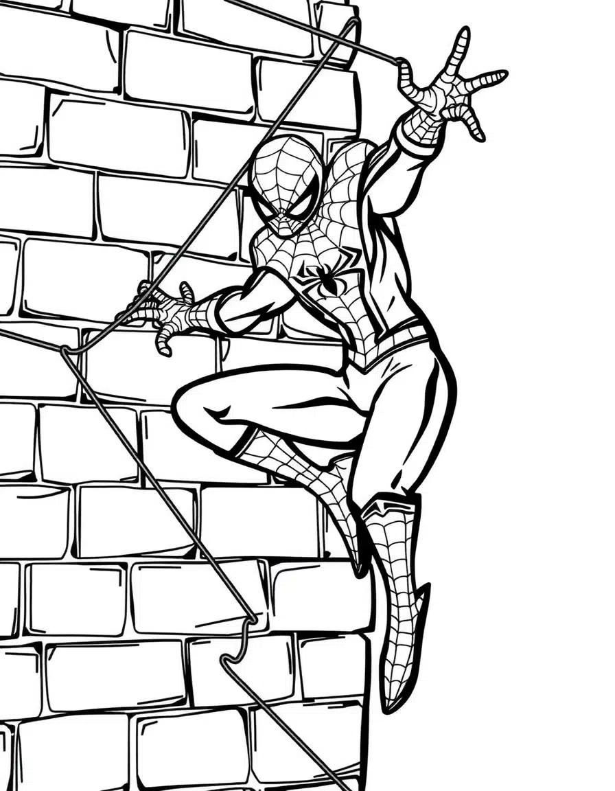 coloriage spiderman escaladant un mur de briques, page de coloriage en noir et blanc à contours épais.