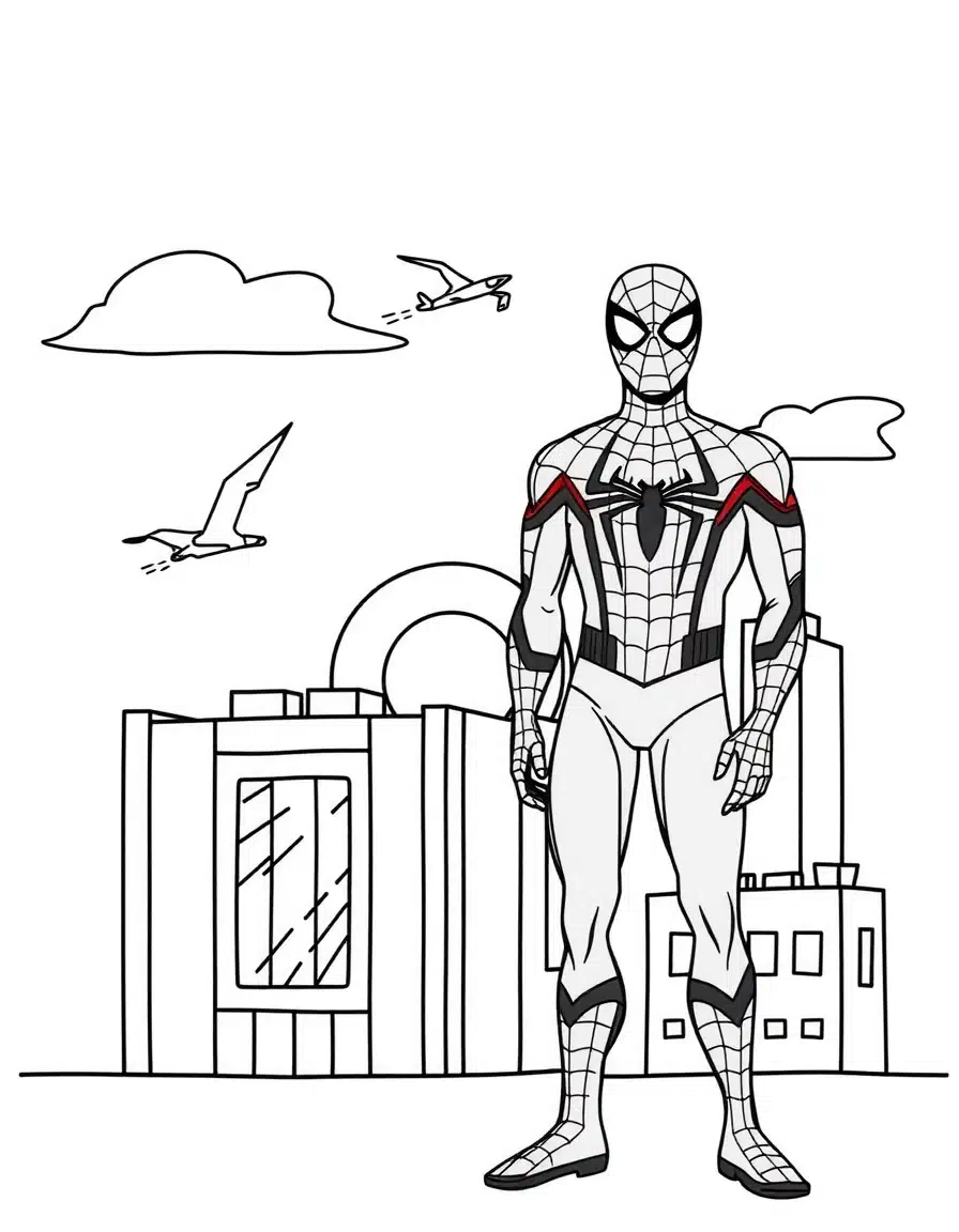 coloriage spiderman au calme devant un coucher, page de coloriage en noir et blanc à contours épais.
