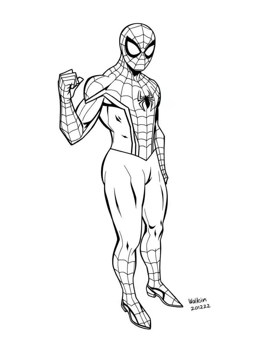 coloriage spiderman prêt à agir contre Venom, page de coloriage en noir et blanc à contours épais.