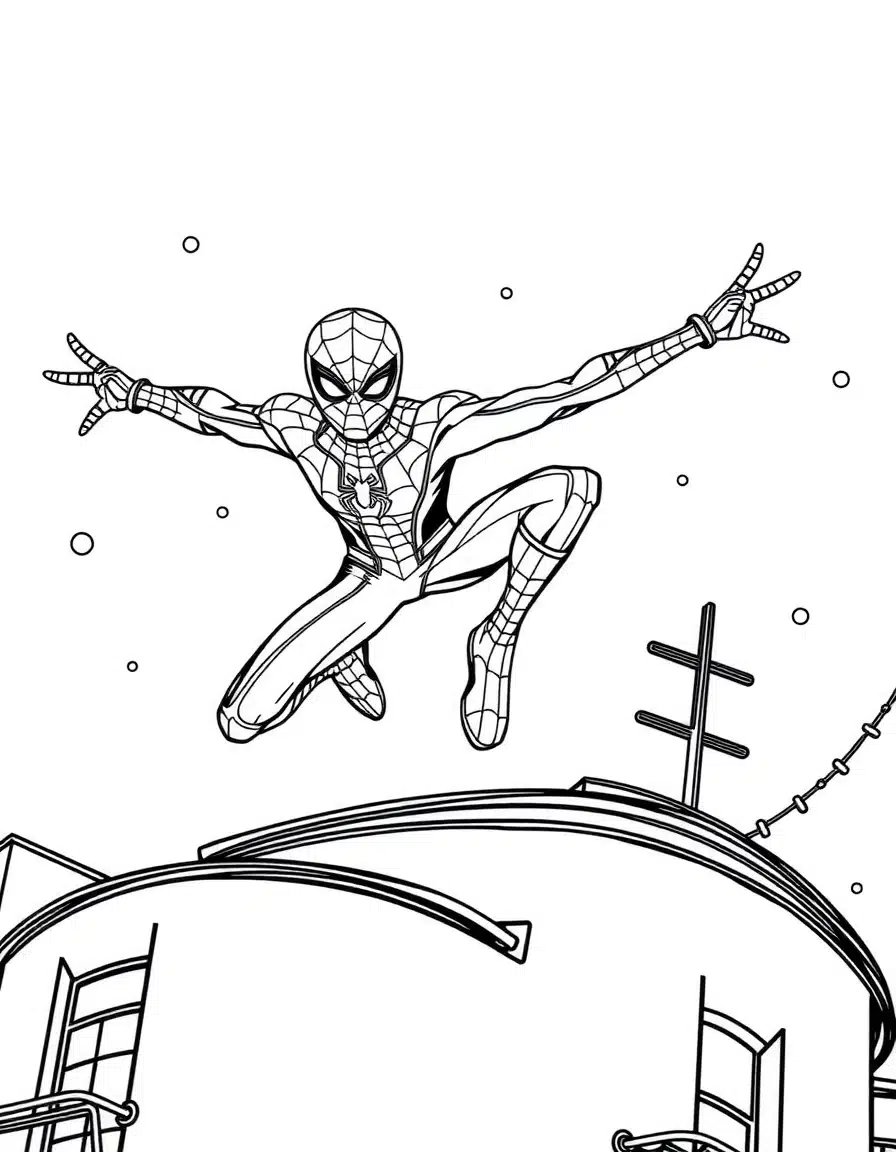 coloriage spiderman et Miles Morales sautent sur des toits, page de coloriage en noir et blanc à contours épais.