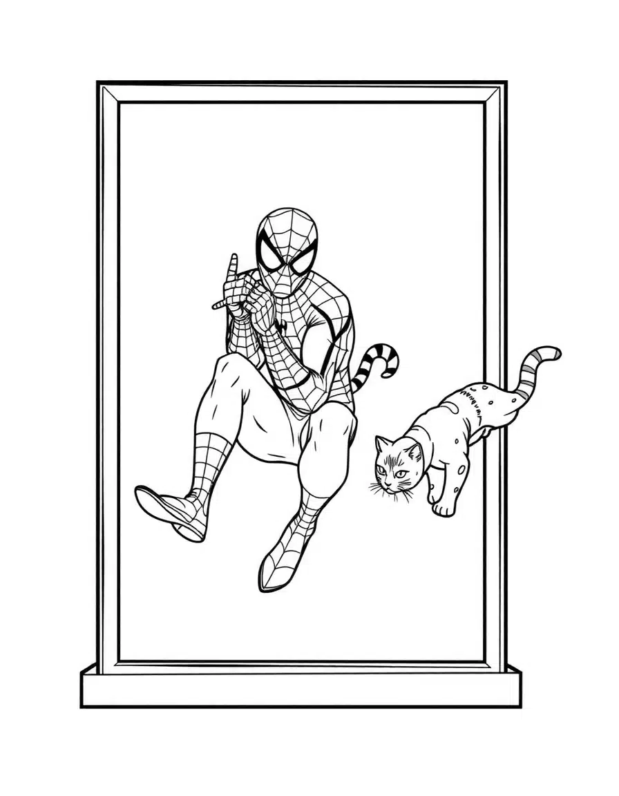 coloriage spiderman sauvant un chat, page de coloriage en noir et blanc à contours épais.