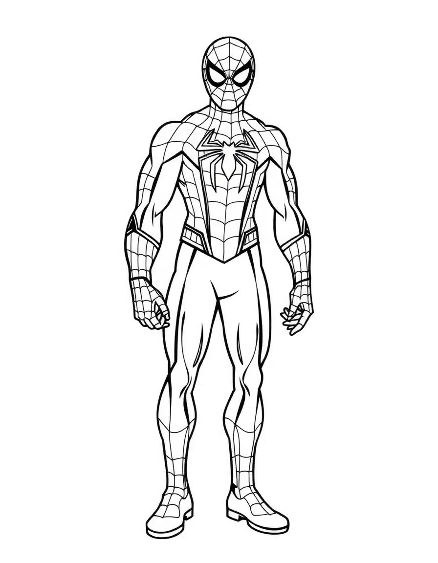 coloriage spiderman en pose simple, page de coloriage en noir et blanc à contours épais.