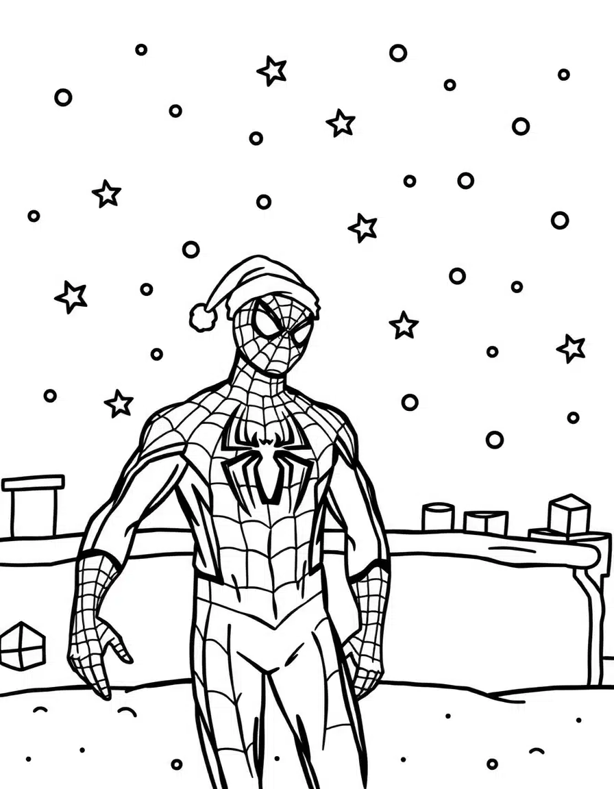 coloriage spiderman sur un toit enneigé, page de coloriage en noir et blanc à contours épais.