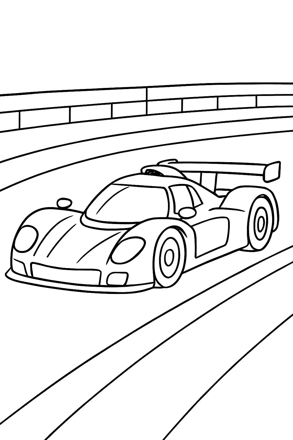 Voitures de course s'affrontant sur un circuit, page de coloriage noir et blanc avec contours épais.