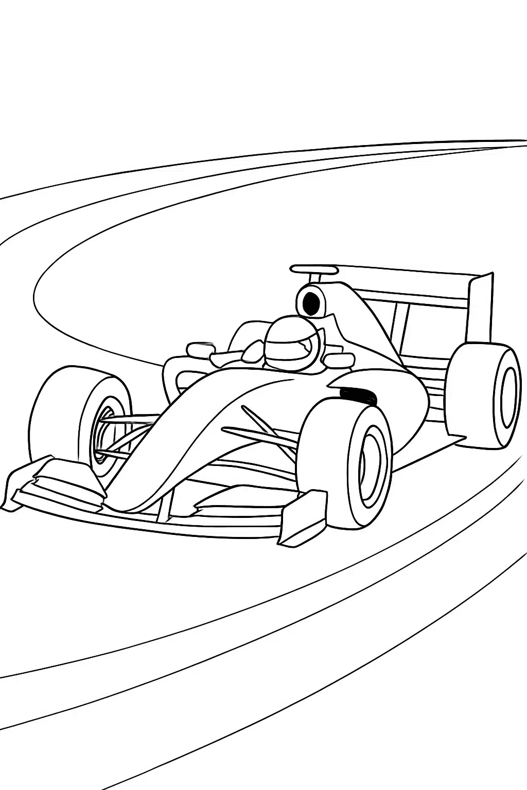 Une voiture de course F1 prenant un virage, page de coloriage en noir et blanc avec contours épais.