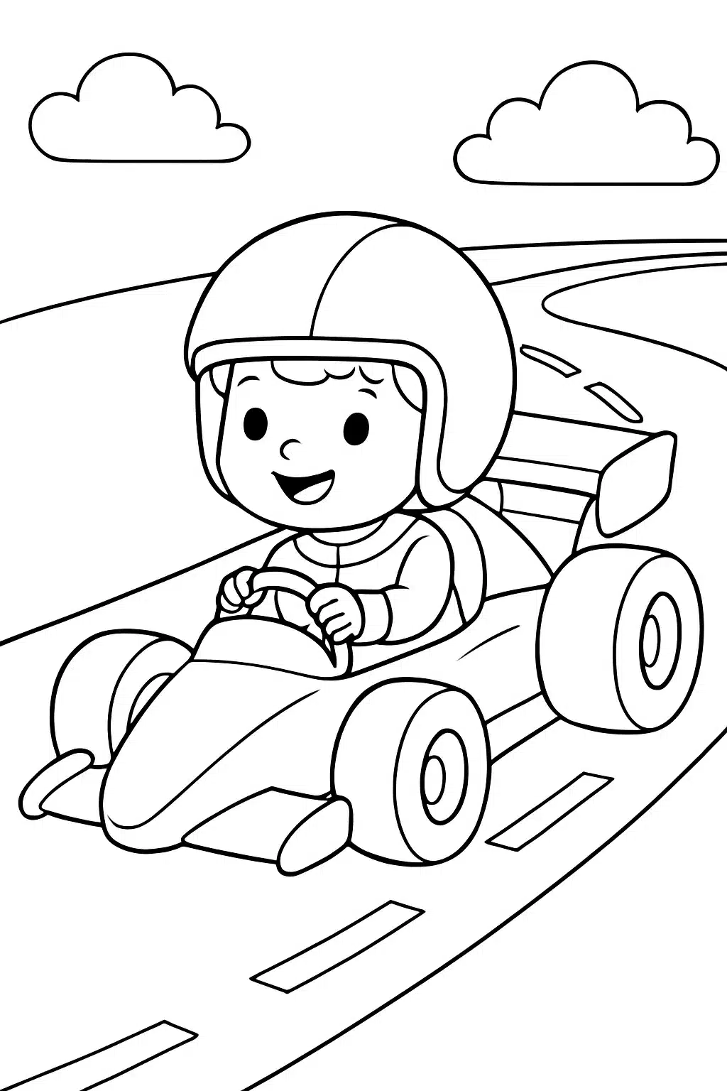 Un enfant pilote conduisant une voiture de course sur une piste, page de coloriage noir et blanc avec contours épais.