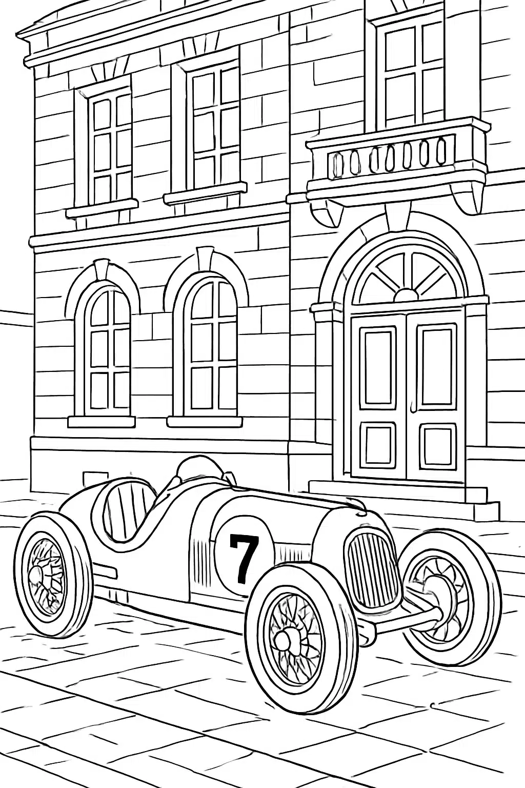 Voiture de course vintage devant un bâtiment ancien, page de coloriage noir et blanc avec contours épais.