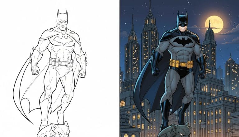 Coloriage Batman en noir et blanc, debout héroïquement avec des contours épais, étoiles en fond.