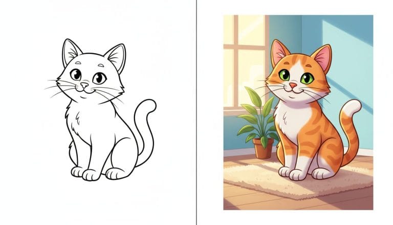 coloriage chat avec contours épais, représentant un chat jouant et souriant sur fond blanc.