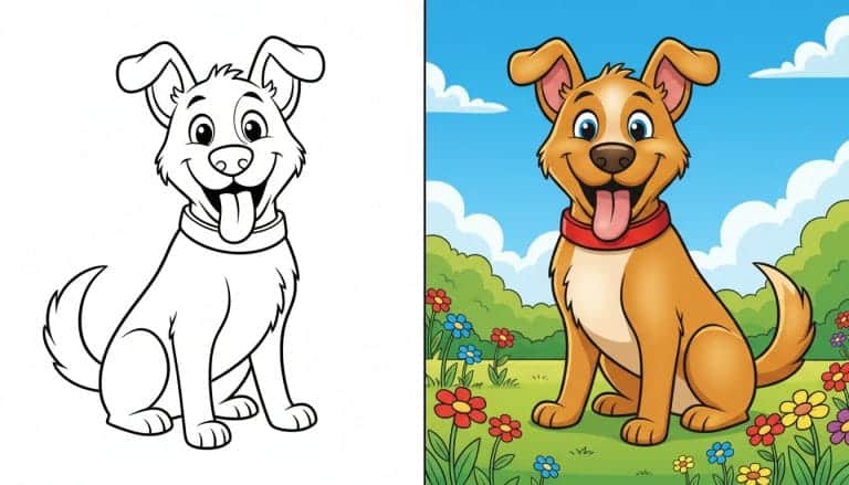 Coloriage chien avec un chien joyeux assis et remuant la queue, noir et blanc avec contours épais.