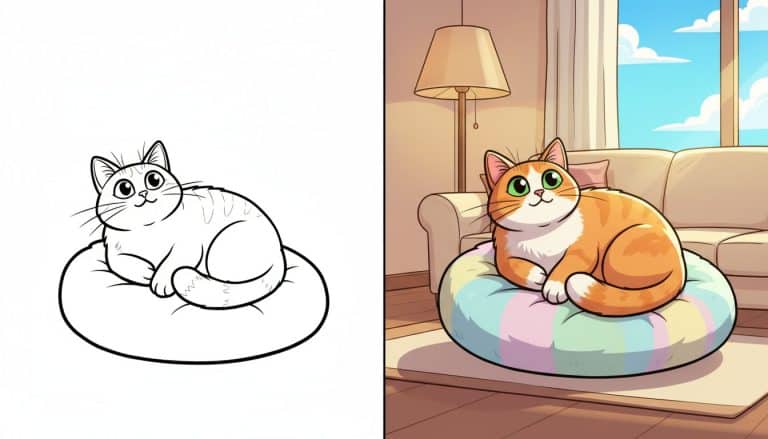 Un coloriage de cozy friends avec un chat sur un coussin, en noir et blanc avec des contours épais.