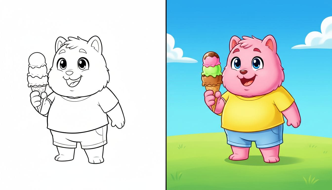 Home 14 Coloriage de Boobie Goods joyeux tenant une glace, en noir et blanc avec des contours épais.