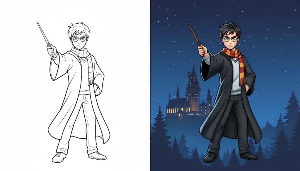 Coloriage de Harry Potter debout avec sa baguette, noir et blanc avec des contours épais.