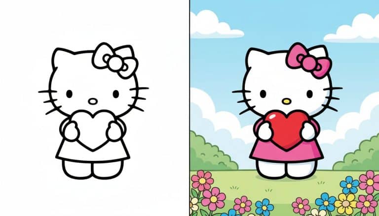 coloriage de hello kitty assise avec un cœur sur une page en noir et blanc avec des contours épais.